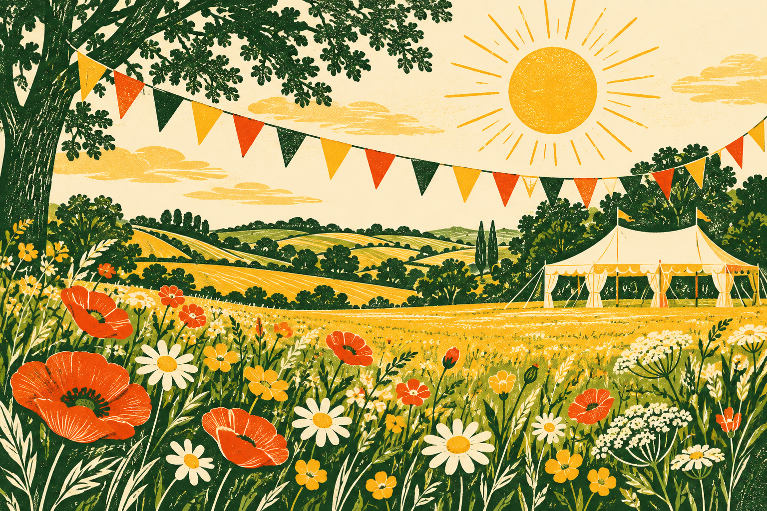 Sommerliche Festival-Illustration mit Blumenwiese, Wimpeln und einem Zelt